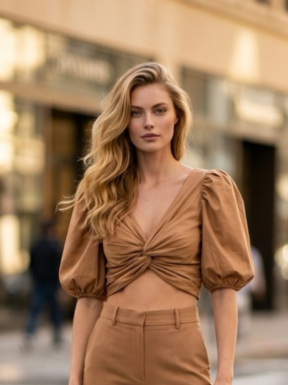 cinq a sept Camel Twist-Front Puff-Sleeve Crop Top